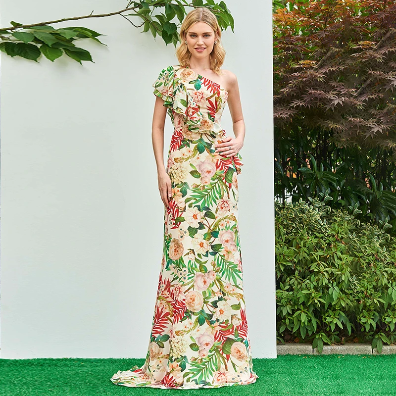 

Tanpell printed prom dress sexy one shoulder floor length sheath dresses women fashion ruffles formal evening custom prom gown
