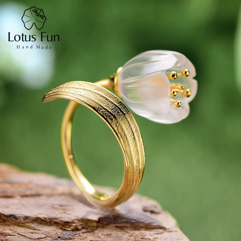 Lotus Fun-Anillo de oro de 18 quilates de flores de Azucena del Valle, joyería fina, cristal natural, hecho a mano