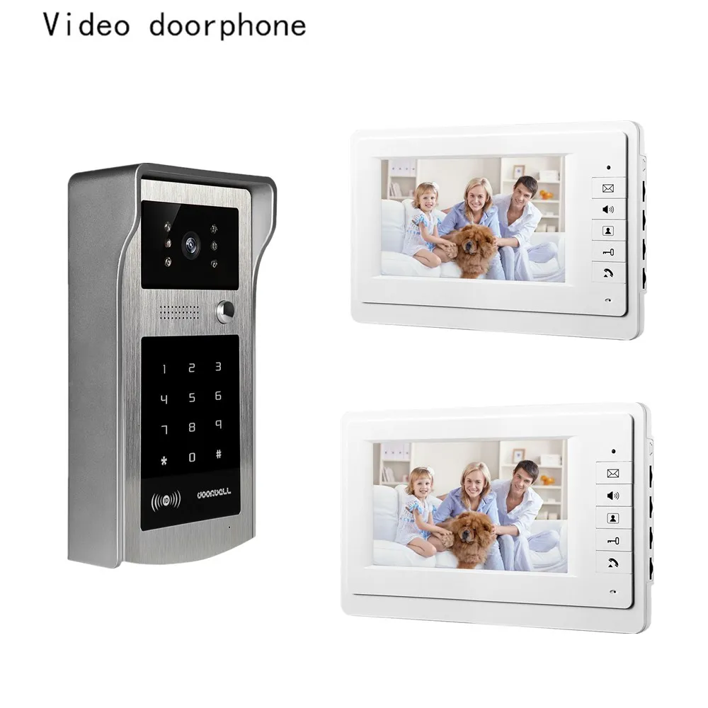 

7 Inch TFT-LCD hd screen Wired Video Doorphone system for villa 2 monitor with one metal outdoor unit RFID&password unlock door