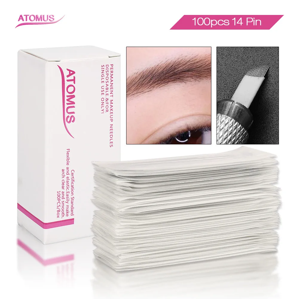 

100 шт 14 Pin микроблистательные иглы Micro Blading Pernement макияж бровей Тату ручка машина Tebore Agujas Para Microblading