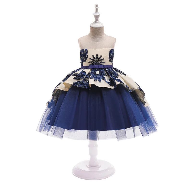 dark blue Платье принцессы с вышивкой и шлейфом для девочек; великолепные пышные Детские Платья с цветочным узором на свадьбу, день рождения, вечеринку; Детский костюм для девочек - Цвет: dark blue