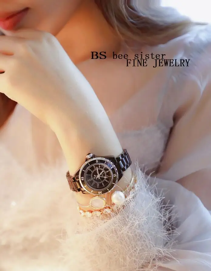 Летние Для женщин Стразы Часы леди платье часы Montre Femme черный, белый цвет Керамика браслет наручные женские часы со стразами