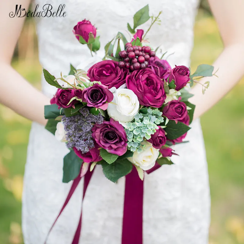 Modabelle Бургундия розы ягоды Свадебный букет Boeket Kunstbloemen искусственные цветы для свадьбы брошь букеты