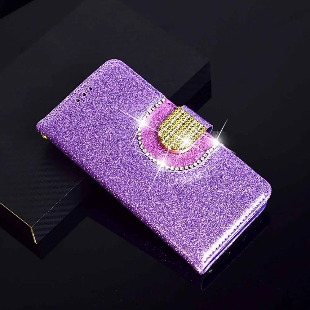 Purple Зеркальный алмазный кошелек флип чехол для huawei P Смарт блестящая Блестящая Глянцевая искусственная кожа Магнитные слоты для карт чехол для huawei P Smart - Цвет: Purple