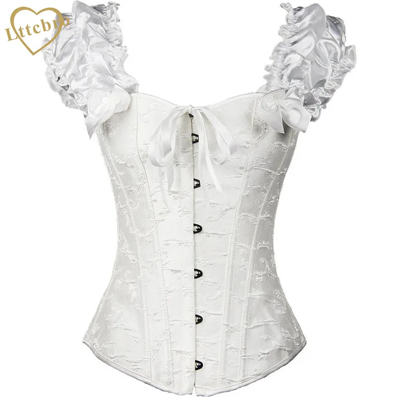 Черный корсет из парчи с рюшами на рукавах сексуальный женский вышитый полностью