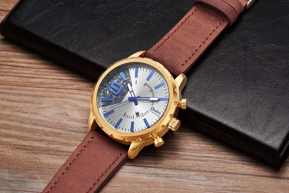 Мужские кварцевые часы OULM повседневные оверсайз с кожаным ремешком и календарем