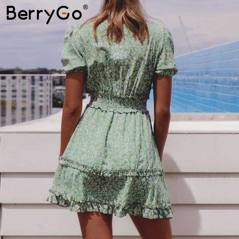 BerryGo богемное Хлопковое платье с цветочным принтом женское зеленое рюшами и v