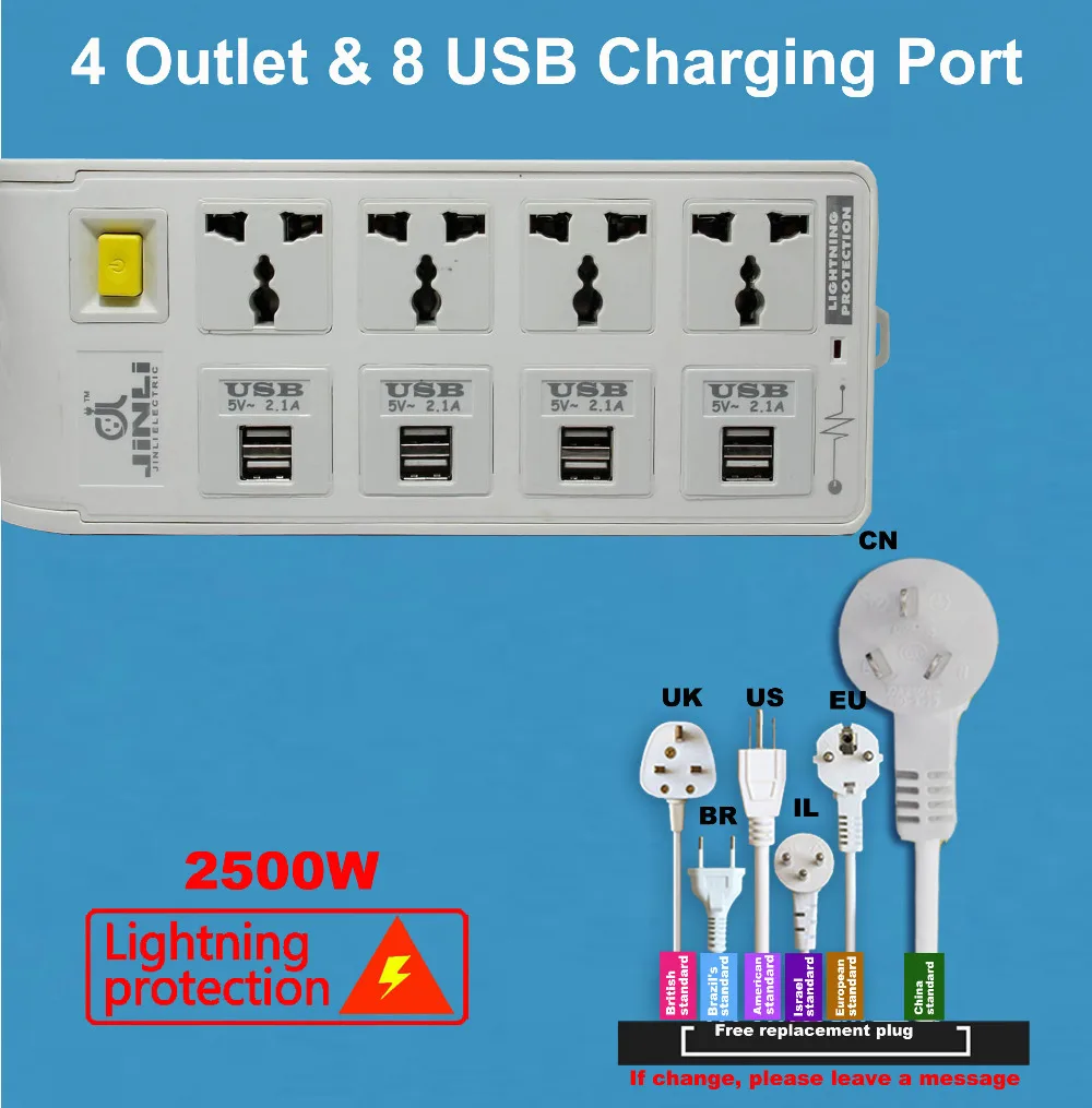 Удлинитель питания с европейской розеткой 8 USB(5 В/мА) 3 метрами/10 футов|usb 8|usb usbusb