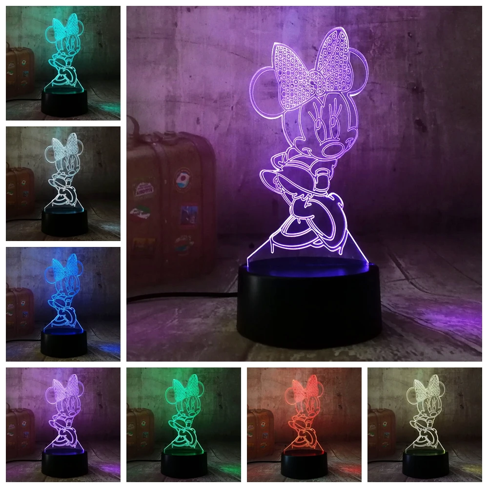 3D с героем мультика Минни Мышь светодиодный RGB светодиодный Ночной светильник 7 цветов изменить стол USB лампа для детей Детский Рождественский подарок новинка домашний декор