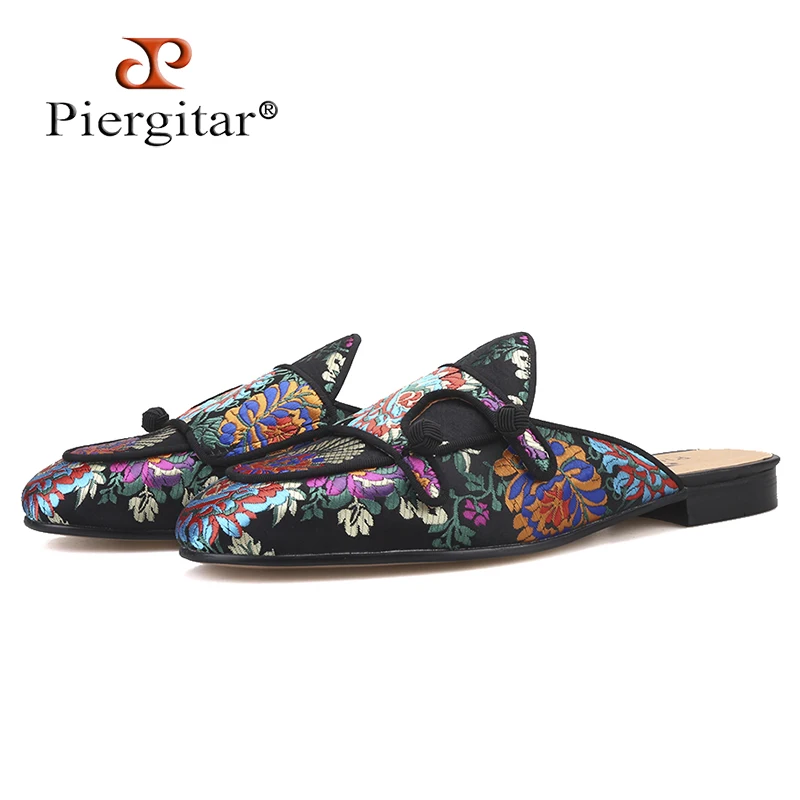 

Piergitar 2019 New flower pattern men silk mules for parties and banquet handmade men's slippers leather insole plus size