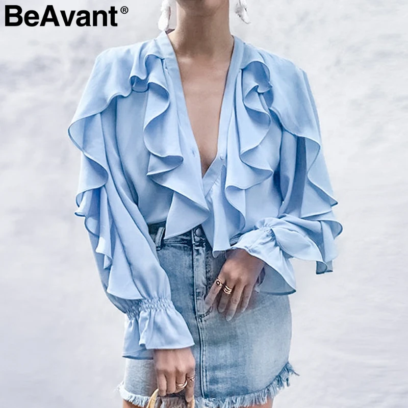 BeAvant v образным вырезом гофрированная винтажная блузка рубашка для женщин фонарь