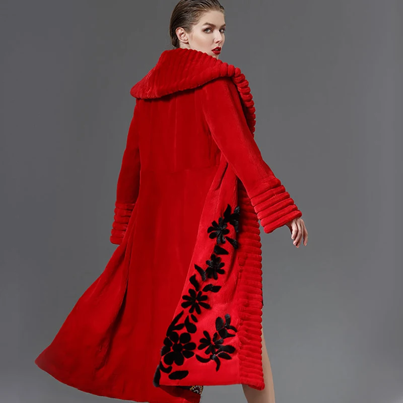 LVCHI Winter2017 Import Red Mink Fur Coat Women's Long Sleeve Coat Black Butterfly Neck Real Natural Fur Print X-Long Mink Coats