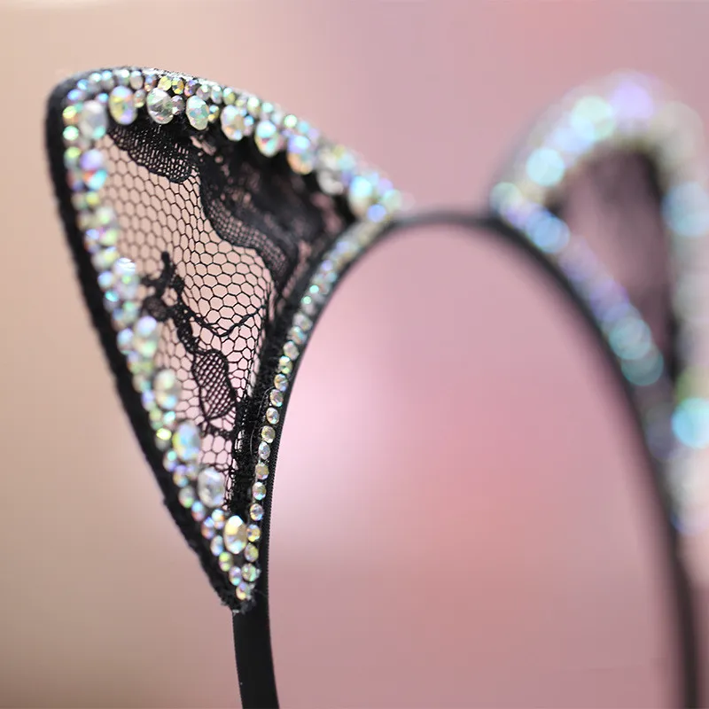 

Boutique 10pcs Fashion Glitter Gemstone Cat Ears Hairbands Solid Black Floral Lace Hard Headbands Princess Hair Accessories