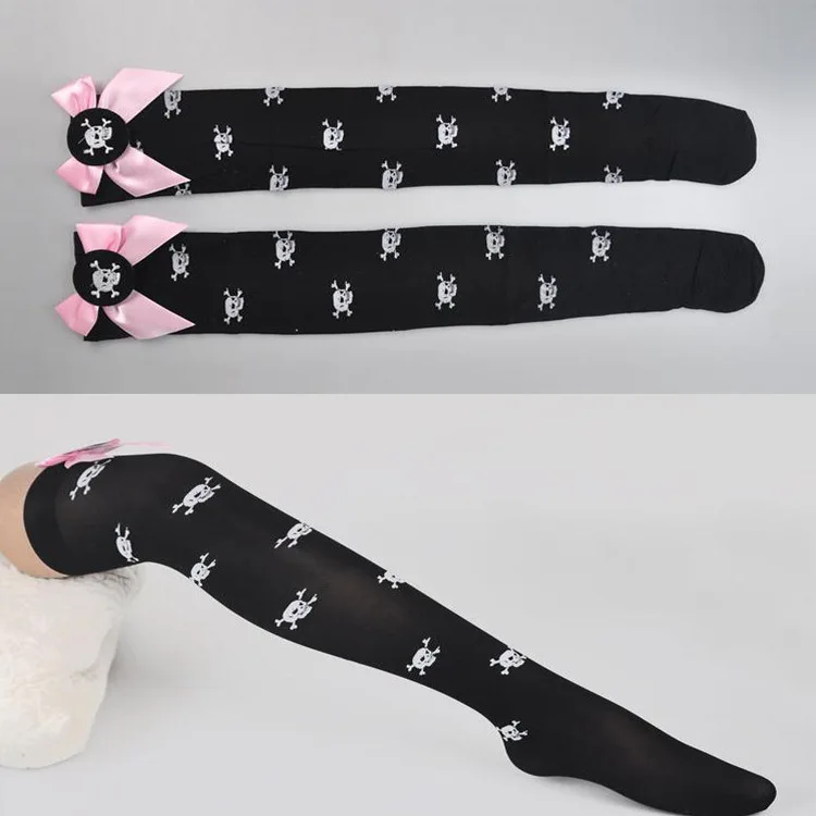 Соблазнительные Черные чулки с розовым бантом кружевные длинные выше колена