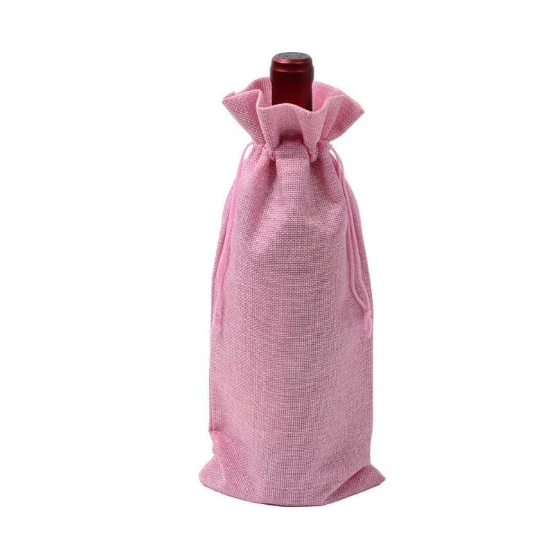 pink 1 pc 15*35cm Rustic Jute Burlap Wine Drawstring Bags Wine Bottle Covers Reusable Bottle Wrap Gift Package Wine Bags - Цвет: pink
