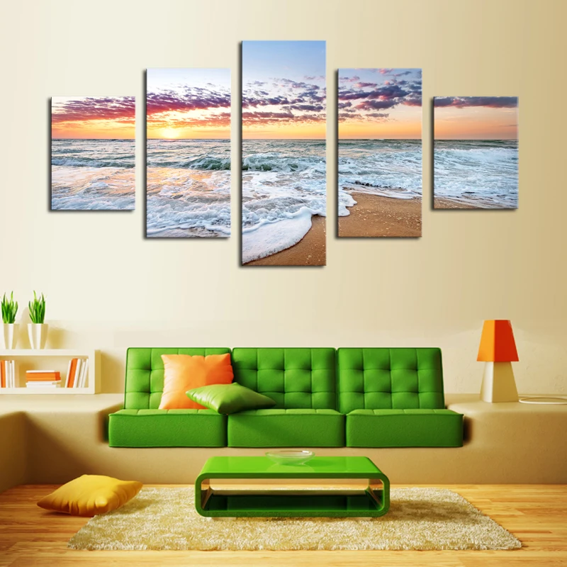 Без рамки 5 панелей современный закат с видом на море HD картина холст печать