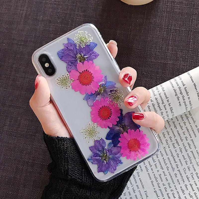 Purple Настоящие цветы, сухоцветы, мягкая задняя крышка из ТПУ для iphone 6, 6 S, 7, 8 plus, чехол, прозрачный чехол для телефона, для iphone X, XR, XS, Max, Capa - Цвет: Purple