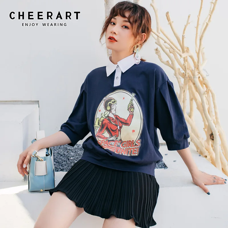 Cheerart/летние женские топы и блузки белая рубашка поло с воротником рукав фонарик