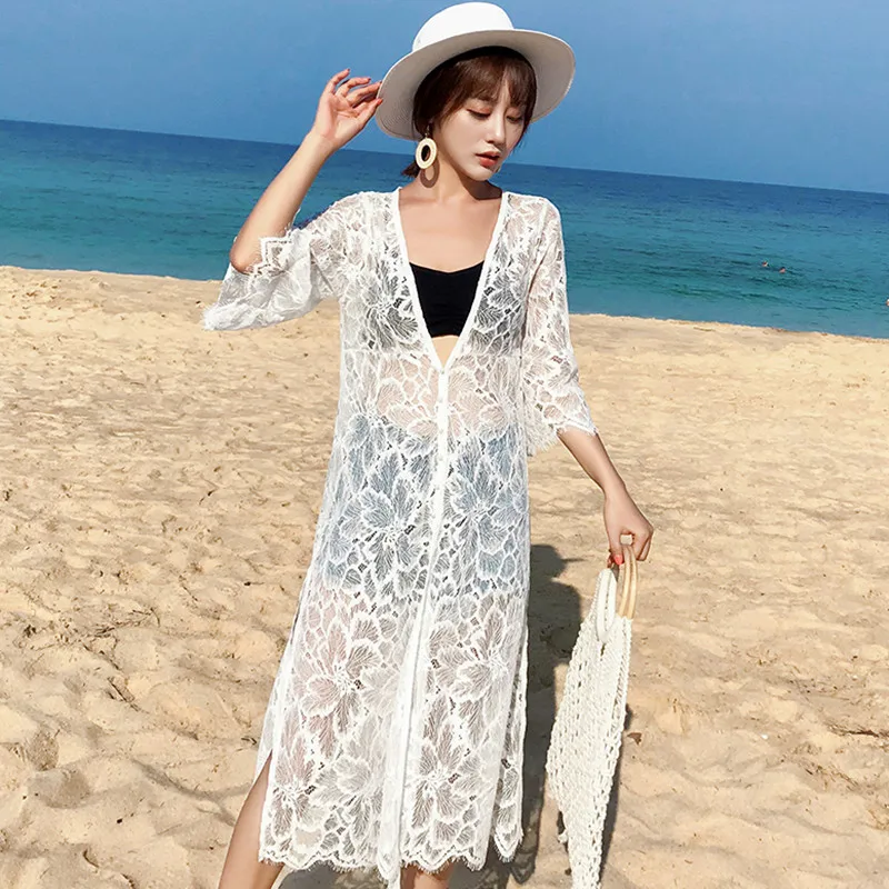 Женский Длинный кружевной кардиган богемное пляжное кимоно с высоким разрезом и
