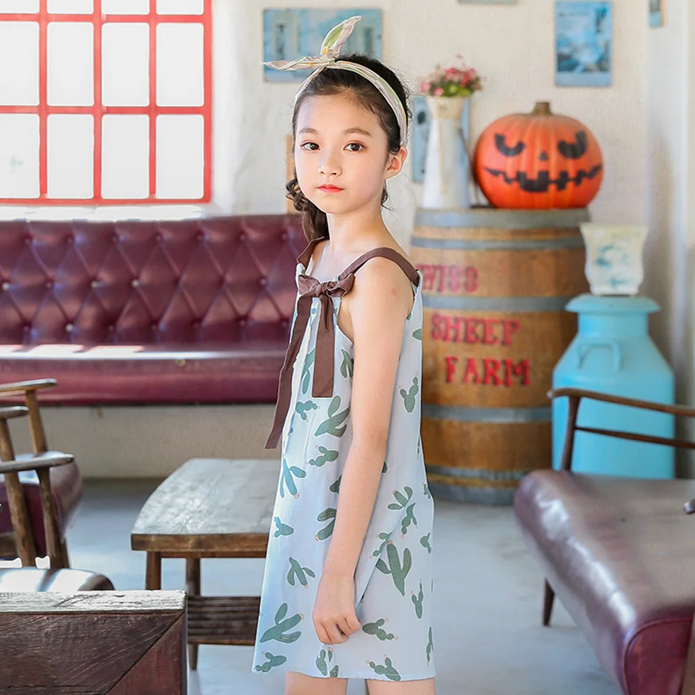 Girls Dresses Holiday 2018 Korean Mother Daughter Cactus Print Princess Sleeveless Lace Kids Summer Children's Clothing | Детская