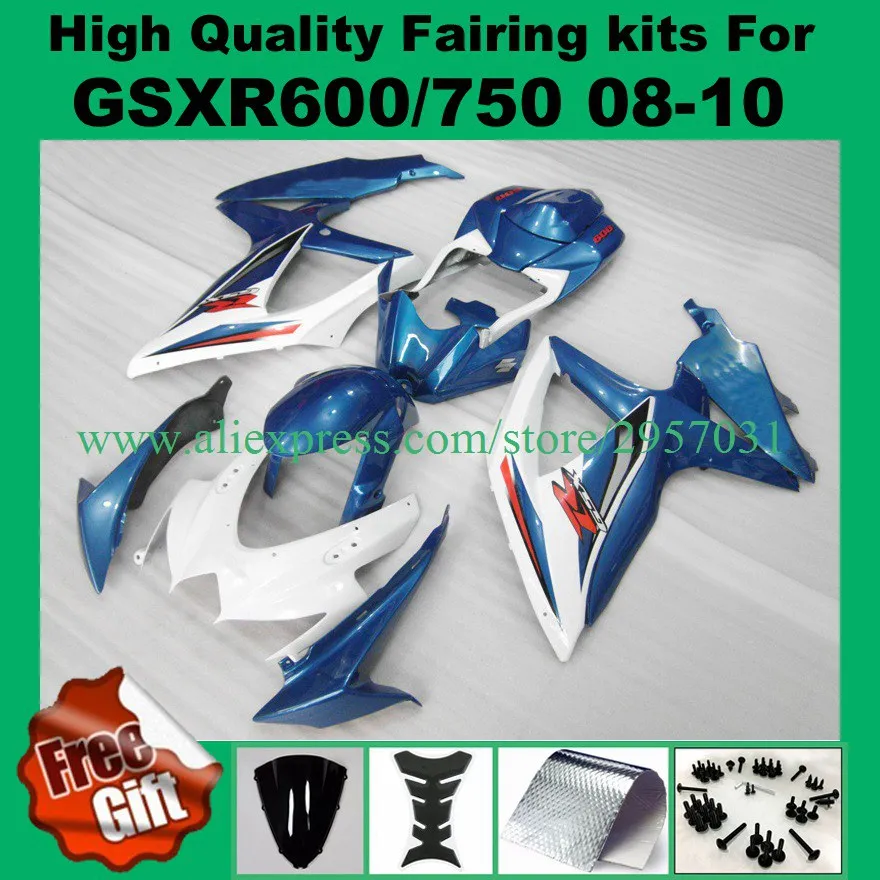 

100%Fit blue white Fairings for GSXR600 GSXR750 2008 2009 2010 SUZUKI K8 K9 GSX-R600 GSX-R750 08 09 Injection mold Fairing kit