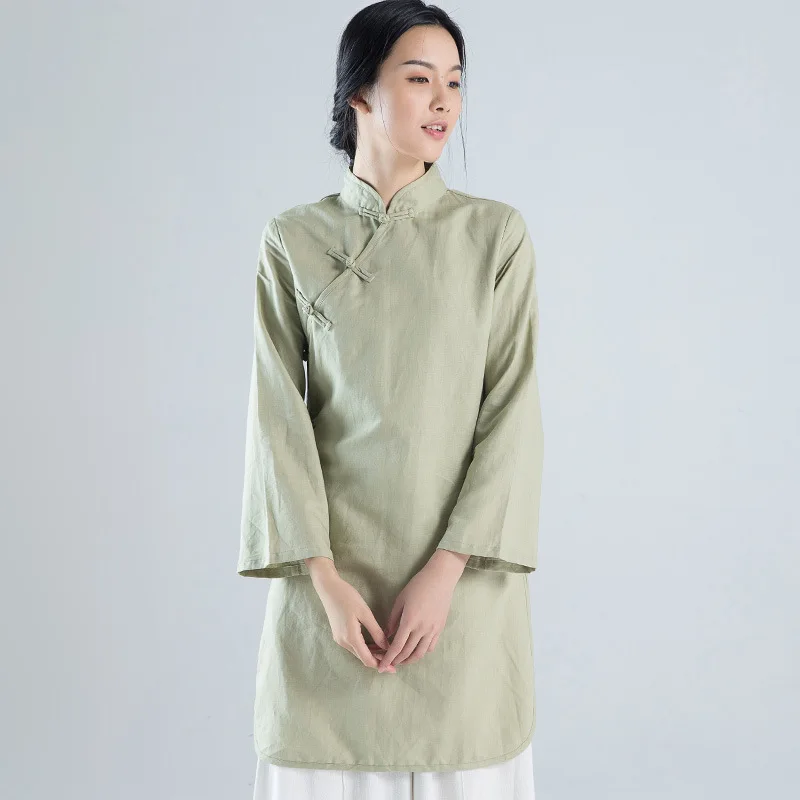 Весенне-летние длинные блузки ручной работы с пуговицами и стоячим воротником из