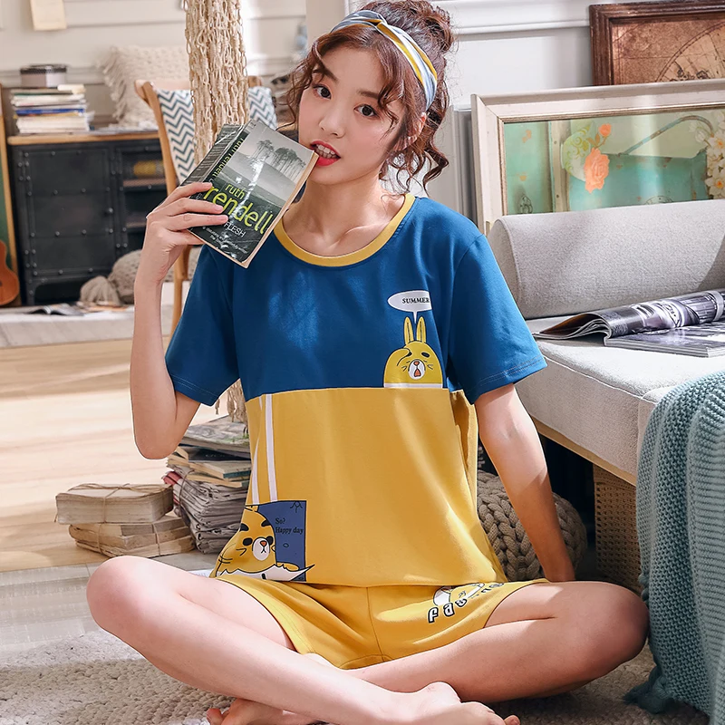 Женские пижамные комплекты 100% хлопок рубашки с коротким рукавом и короткие штаны