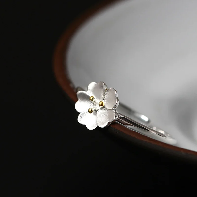 Настоящее серебро 925 пробы кольца для женщин трендовый цветок вишневый цвет