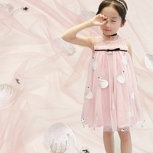 

Super delicate pink Swan embroidered soft mesh dress fairy dress fabric Swan embroidered lace fabric