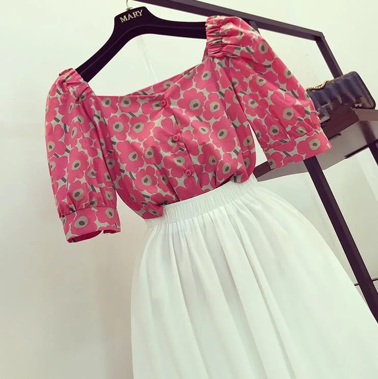 2019 летняя новая модная блузка с квадратным воротником и цветочным принтом в