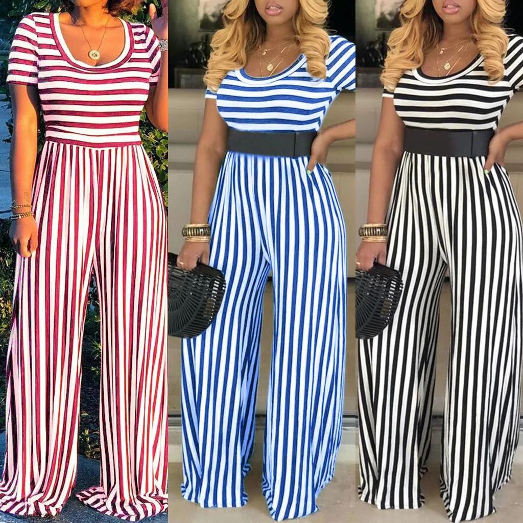 Женские комбинезоны в черно-белую полоску с высокой талией повседневные