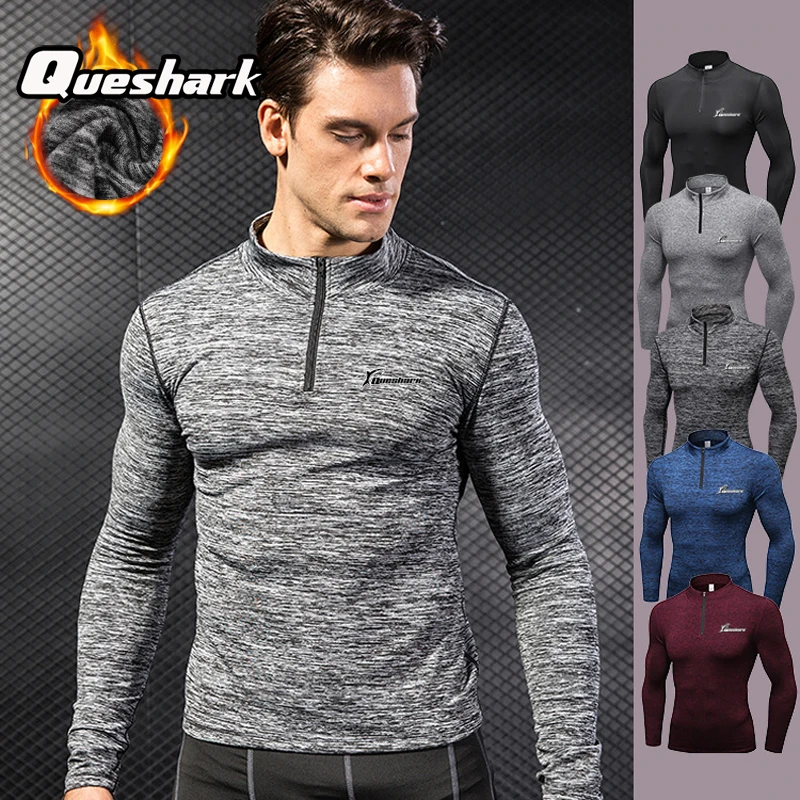 Queshark Профессиональная мужская флисовая куртка для бега, рубашка для йоги, фитнеса с длинным рукавом, тренировочная эластичная плотная толстовка, спортивная одежда