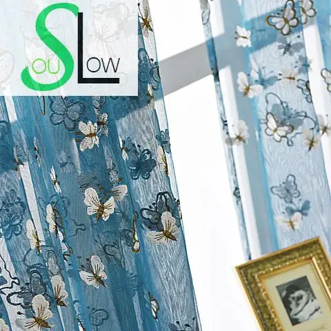 Пасторальные шторы с вышивкой Slow Soul Синие Бабочки занавески для спальни гостиной