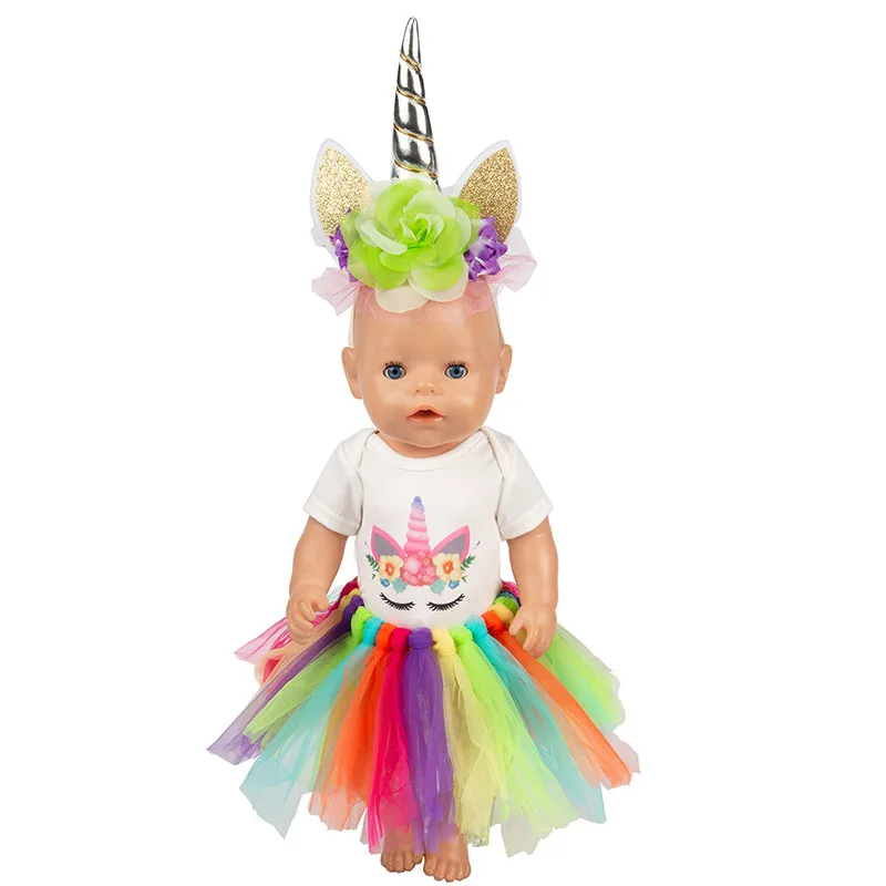 

Doll Clothes Born Baby Fit 18 inch 40-43cm Girl Boy Manual Unicorn Skirts headwear set For Baby Doll Accessories Birthday Gift