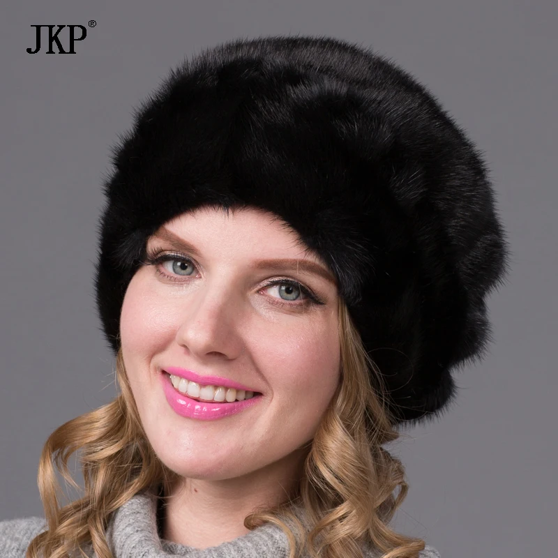 JKP Female Real Natural Whole Mink Fur Hat Winter Women Ear Protection Mink Hat Fur Cap Floral Pattern