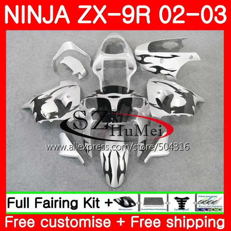 Корпус для KAWASAKI NINJA ZX 9R 02 03 ZX900 900 ZX9 R 17SH20 900CC 9 ZX9R черное пламя 2002 2003 комплект