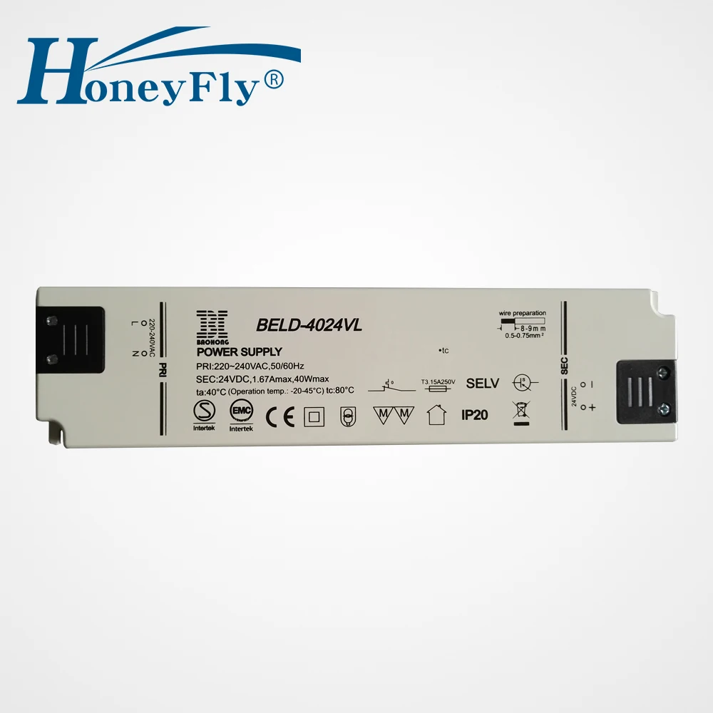HoneyFly запатентованный супер тонкий светодиодный драйвер 40W 220v 24V постоянный Напряжение освещение Трансформатор переменного тока в постоянный Питание для Светодиодный свет