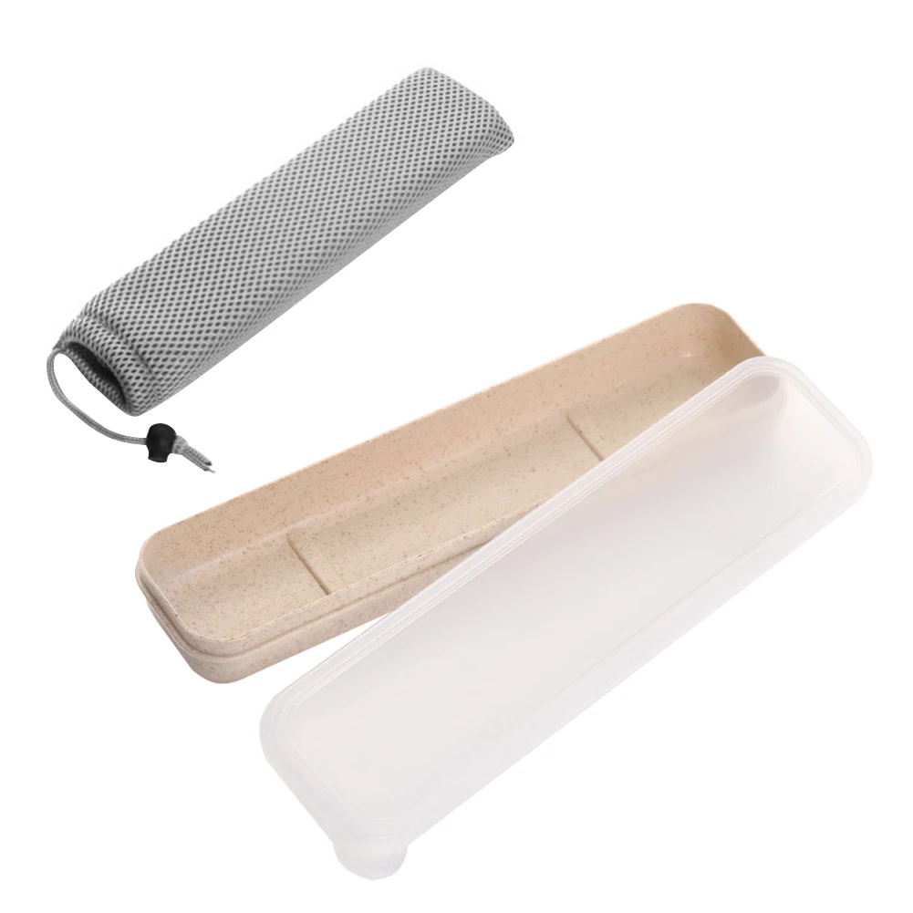 Бежевый Tableware Box Set With Storage Bag Home Durable Reusable Wheat Straw School Cutlery Outdoor Transparent Cover Travel Practical - Цвет: Бежевый