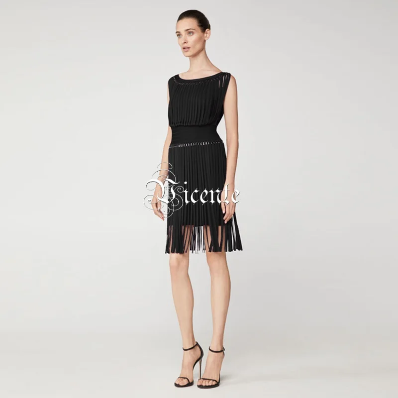 VC HOT 2020 New Chic Elegant Tassels Embellished Sexy Sleeveless Mini Wholesale Celebrity Bandage Dress | Женская одежда