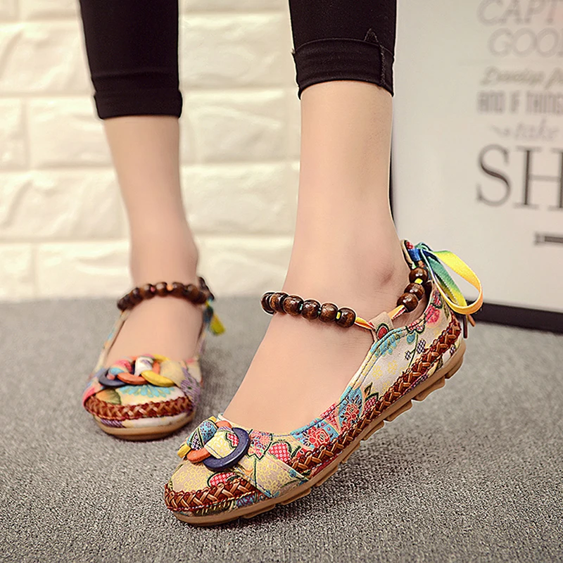 Plus Size 42 Casual Flat Shoes Women Flats Handmade Beaded Ankle Straps Loafers Zapatos Mujer Retro Ethnic Embroidered | Обувь