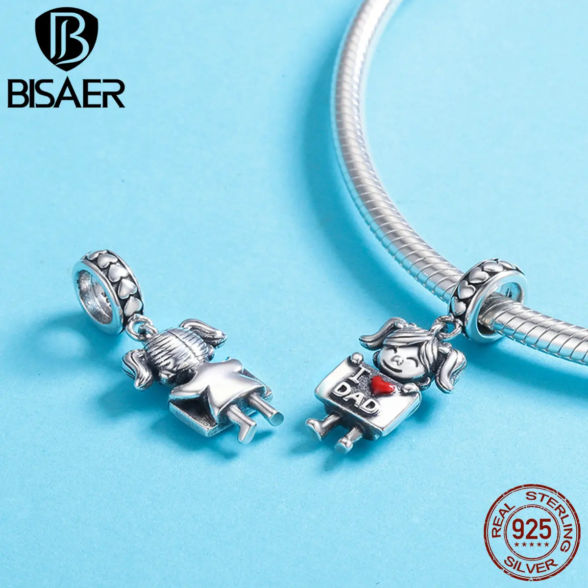 BISAER Подвески Серебро Оригинал 925 пробы серебро принт I love Dad Девушка Подвеска для