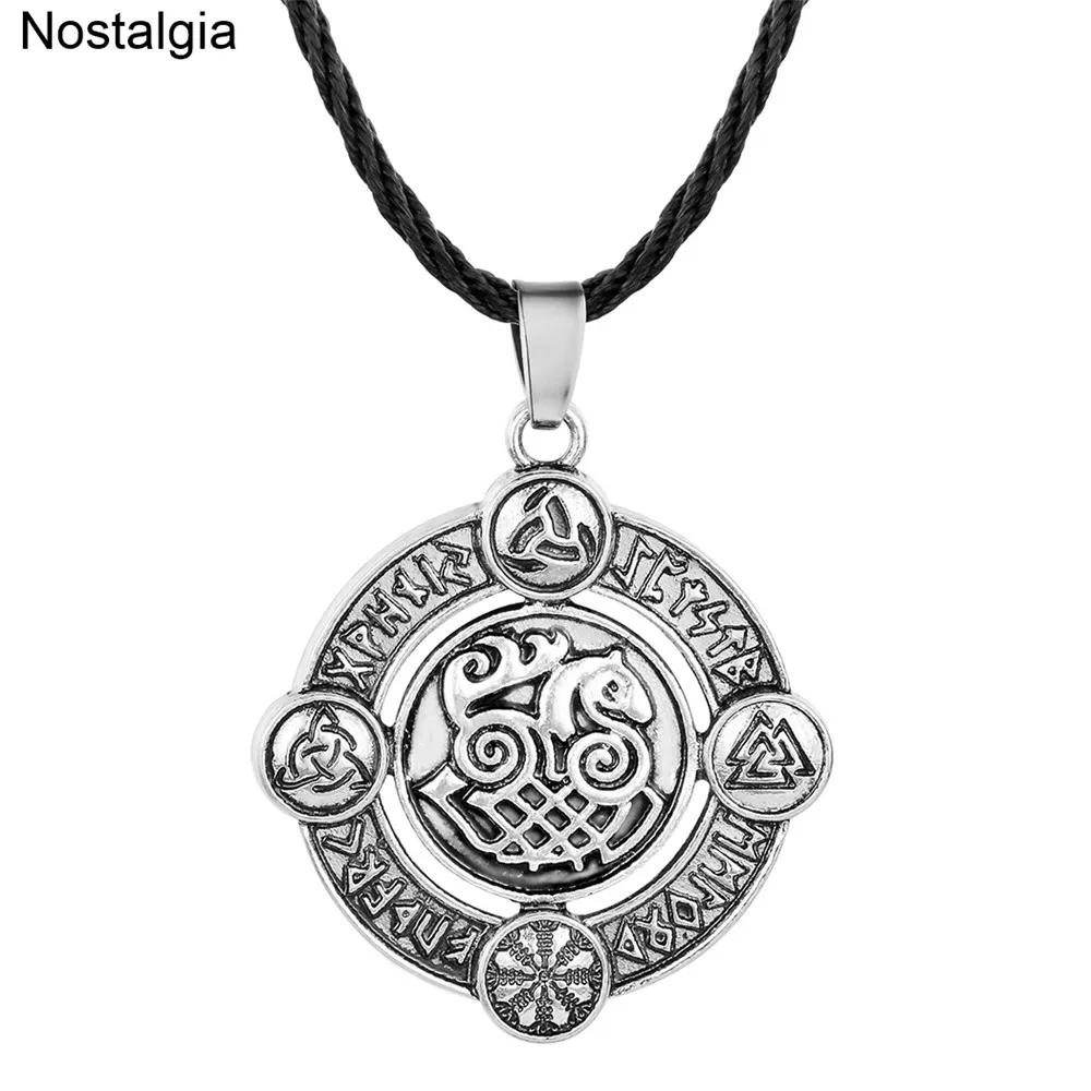 

Nostalgia Norse Viking Sleipnir Horse Odin Horn Triquetra Valknut Helm Of Awe Elder Futhark Runes Amulet Pendants Necklaces