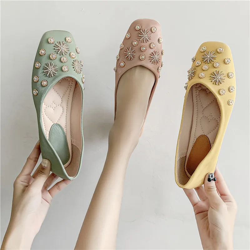 Women's Shoes Crystal Shape Flats Round Toe Ladise Casual Rhinestone Low Heel Flat Female Elegant Zapatos | Обувь