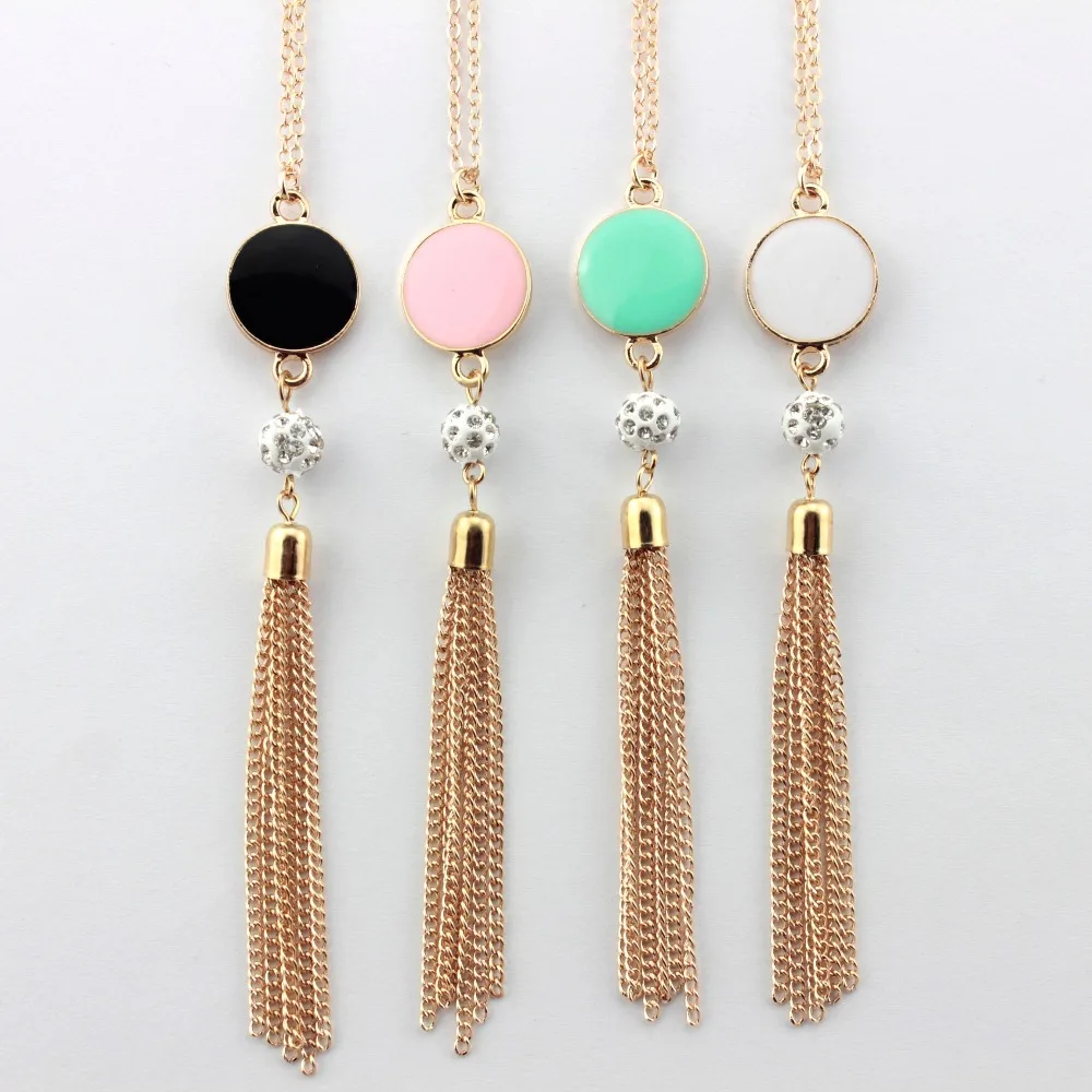 

9 Colors Option Long Chain Enamel Disc Crystals Ball Tassel Pendant Necklaces for Women Trendy Monogram Jewelry