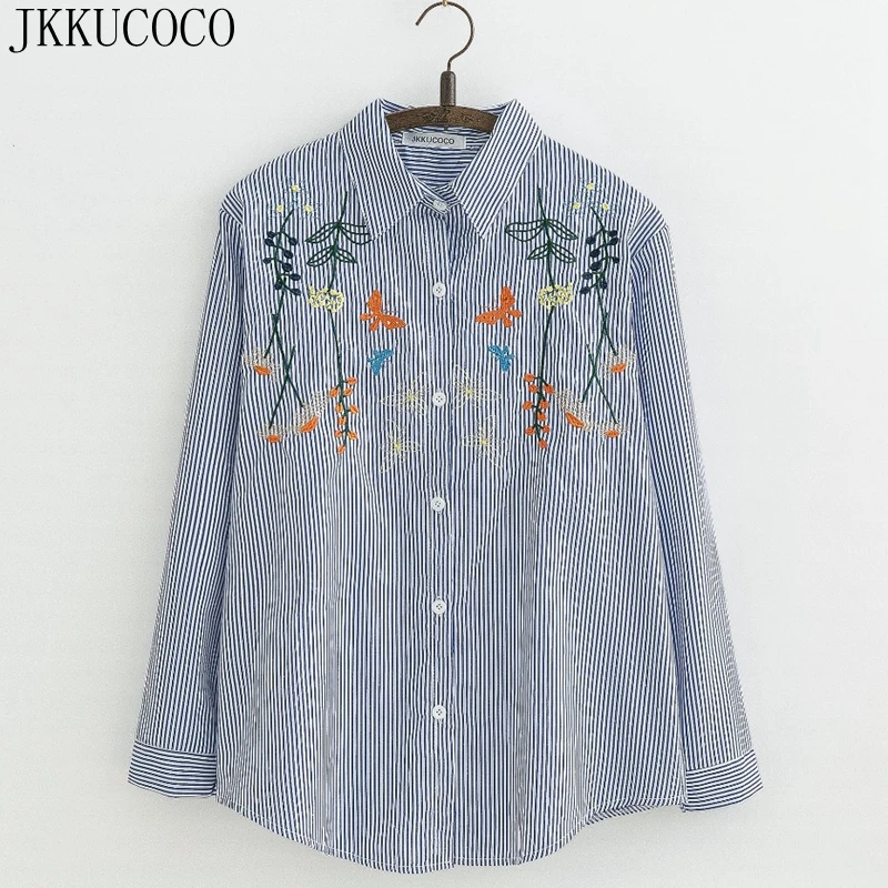 JKKUCOCO Butterfly Flowers Embroidery blouse shirt Cotton Women Shirt Long Sleeve Loose Casual tops shirts C40 |