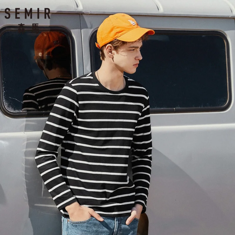 SEMIR для мужчин 100% Хлопковая полосатая футболка с длинным рукавом Классические в