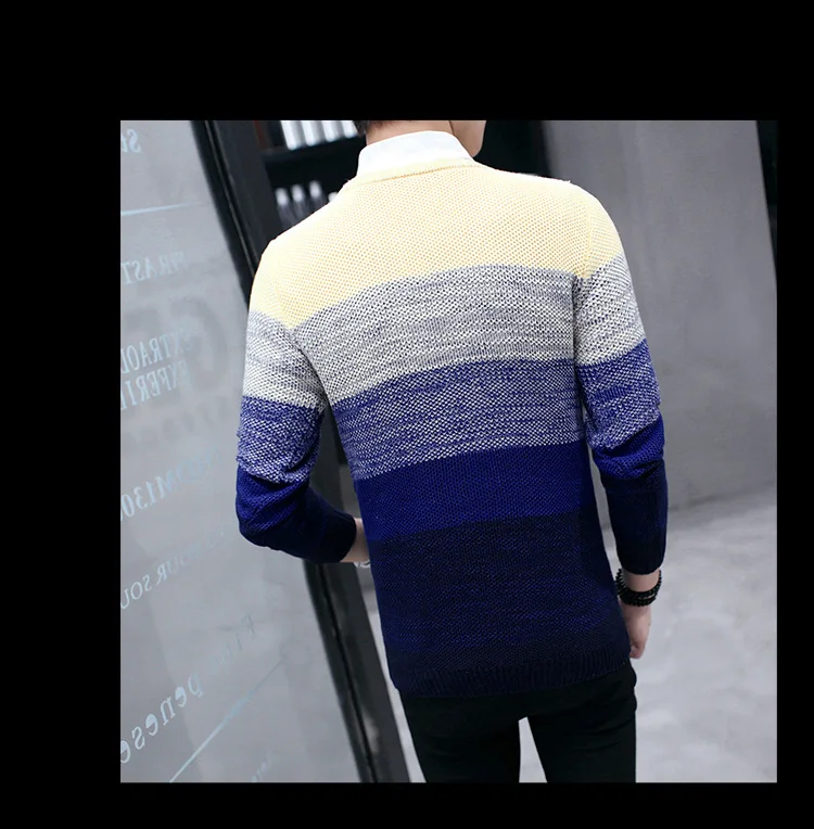 Модный мужской теплый зимний комплект с круглым воротником, Вязаные Рубашки/мужские высококачественные полосатые облегающие свитера для отдыха, S-XXL