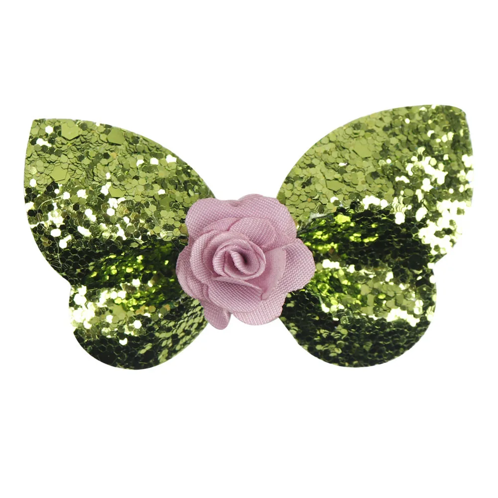 green 2 шт./лот 2,5 ''Блестящие бабочки банты для волос Радужный бант Мини-заколки для волос для девочек DIY цветок Bling заколки для волос аксессуары для волос - Цвет: green