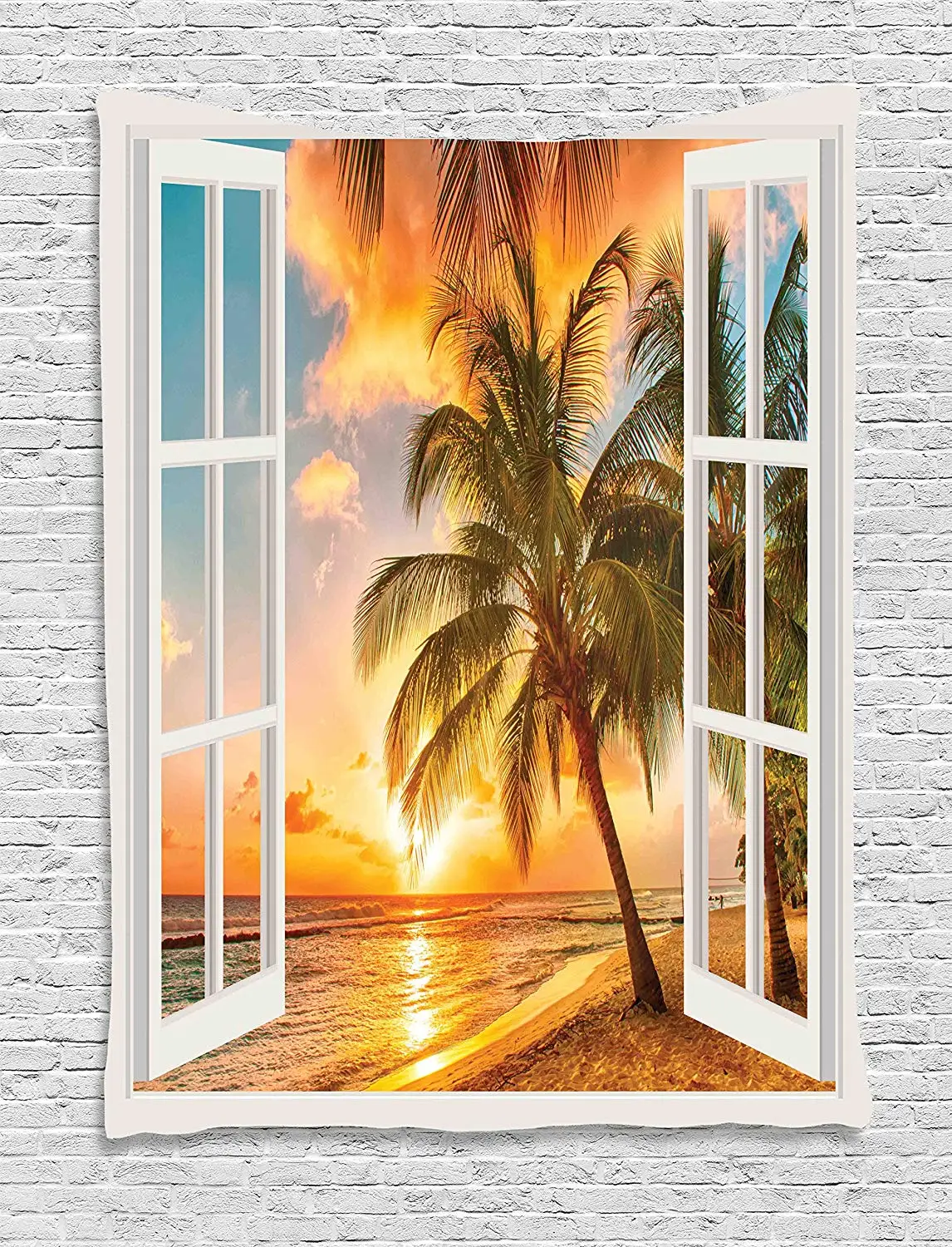 Beach Tapestry Sea Ocean Palm Tree Sunset Scenery House Wooden Windows of Art Pictures Wall Hanging Brown White Yellow Blue | Дом и сад