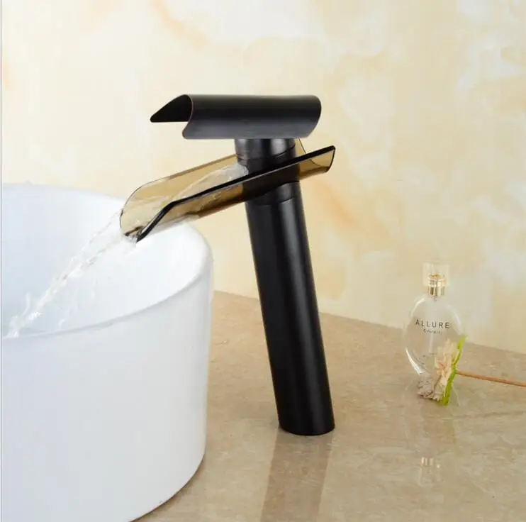 Смеситель для ванной комнаты черный бронзовый со стеклянным носиком |